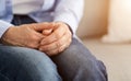 Lonely Retirement Concept. Closeup Of Aged Woman Hands, Cropped Image