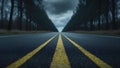 A lonely road stretches into a dramatic stormy sky through a dark forest Royalty Free Stock Photo
