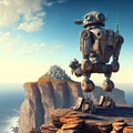 Lonely robot looking at the city far away on the horizon. Retro futuristic robot or androing on the cliff. Generative AI