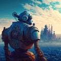 Lonely robot looking at the city far away on the horizon. Retro futuristic robot or androing on the cliff. Generative AI