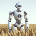 A lonely robot standing in the middle of a wheat field.