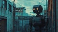 Lonely Robot Stands In Alley. Future Technology Concept Royalty Free Stock Photo