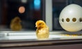Lonely sad little yellow chicken in the incubator. Adorable domestic bird close up. Blurred backdrop. Generative AI Royalty Free Stock Photo