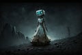 lonely sad robot in dress on dark planet