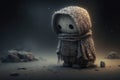 lonely sad robot in dress on dark planet