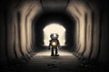 lonely sad robot going through gloomy tunnel with flashlight