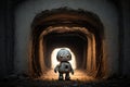 lonely sad robot going through gloomy tunnel with flashlight