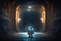 lonely sad robot going through gloomy tunnel with flashlight