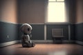 lonely sad robot sitting in empty room