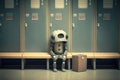 lonely sad robot sitting in locker without exit