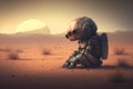lonely sad robot sitting on open space planet