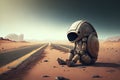 lonely sad robot sitting in road on planet