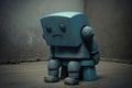 lonely sad robot sitting on stool in gray blue tones