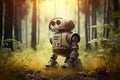 lonely sad robot sitting in sunny glade against background of forest