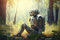 lonely sad robot sitting in sunny glade against background of forest
