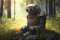 lonely sad robot sitting in sunny glade against background of forest