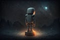 lonely sad robot standing on pedestal against backdrop of dark stars