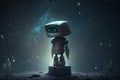 lonely sad robot standing on pedestal against backdrop of dark stars