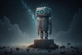 lonely sad robot standing on pedestal against backdrop of dark stars