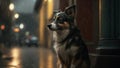 lonely sad stray dog on street at night in rain. Generative AI