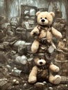 Lonely sad teddy bear toys sitting in derelict junkyard disposed