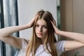 Lonely sad woman deep in thoughts at home  depressive Royalty Free Stock Photo