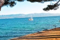 Lonely sail boat in Mediterranean sea bay Royalty Free Stock Photo