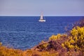 Lonely sailboat on Mallorca coast, Spain.