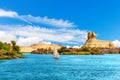 Lonely sailboat in the Nile on the way to the Great Sphinx, Aswan landscape, Egypt Royalty Free Stock Photo