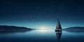 A lonely sailing boat floating in the ocean at night. Minimalist sailing background. Royalty Free Stock Photo