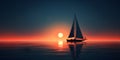 A lonely sailing boat floating in the ocean at sunset. Minimalist sailing background. Royalty Free Stock Photo