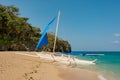 Lonely sailing boat on the sandy beach of Boracay Island Philippines