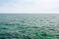 Lonely sailing luxury yacht with white sails in regatta. A modern sailboat rushes in waves Royalty Free Stock Photo