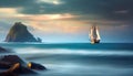 A lonely sailing ship in the ocean. Landscape AI generated