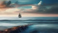 A lonely sailing ship in the ocean. Landscape AI generated