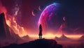 a lonely scifi girl standing on top of a hill watching the unknown galaxy, generative ai technology