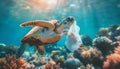 Lonely sea turtle swimming with plastic bag waste in warm tropical sea waters in coral reefs. Beauty in Nature, ocean pollution, Royalty Free Stock Photo