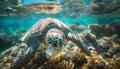 Lonely sea turtle swimming with plastic bag waste in warm tropical sea waters in coral reefs. Beauty in Nature, ocean pollution, Royalty Free Stock Photo