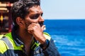 Young seafarer on the cargo ship. Royalty Free Stock Photo