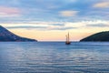 Lonely ship in the harbour of Budva, Montenegro, sunset view