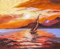 Lonely ship at sea at sunset painted with acrylics