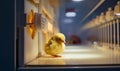 Lonely single little yellow chick sitting on the floor indoors. Tiny chicken in the incubator at factory. Blurred backdrop. Royalty Free Stock Photo