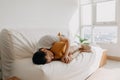 Lonely single sick man sleep and in his apartment.