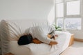 Lonely single sick man sleep and in his apartment.