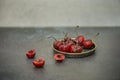 Lonely small saucer with delicious ripe cherries on