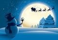 Lonely Snowman Waving to Santa Sleigh Royalty Free Stock Photo