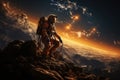 Lonely space marine soldier in an alien planet, standing on a mountain and looking into the universe, astronaut standing Royalty Free Stock Photo