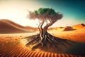 lonely sprawling tree in middle of sand and shady camel thorns in desert Royalty Free Stock Photo