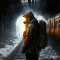 Lonely stalker standing in abandoned metro station. Generative AI