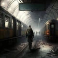 Lonely stalker standing in abandoned metro station. Generative AI